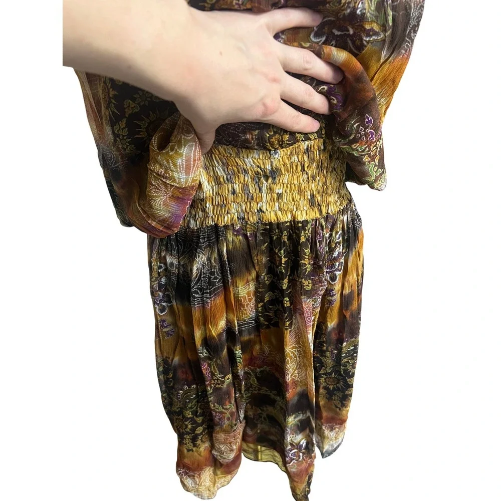 Vintage Y2K 100% SILK Halter Mini Dress Size 14 Open Back Lined Boho Browns - Picture 2 of 13